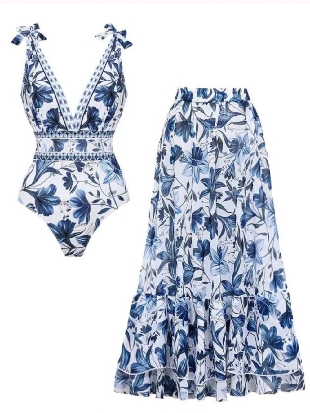 White & Blue Floral One-Piece Swimsuit for Women